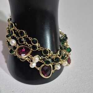 Gold-Tone Bracelet with Emerald Green, Ruby Red Stones and Pearls